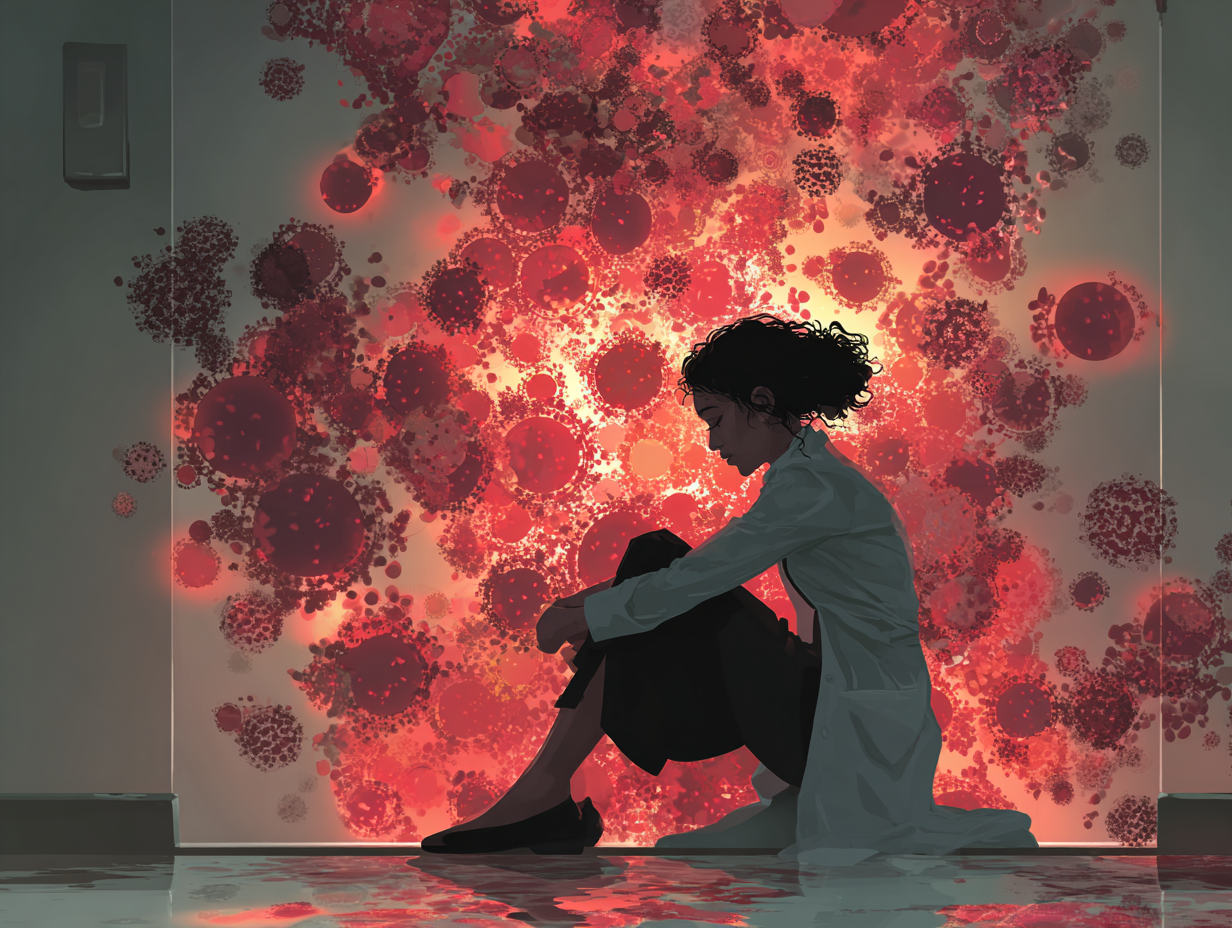 Ilustração emocional de uma mulher sentada em posição fetal, com fundo simbólico de ciclos repetitivos, representando a frustração da candidíase por repetição.