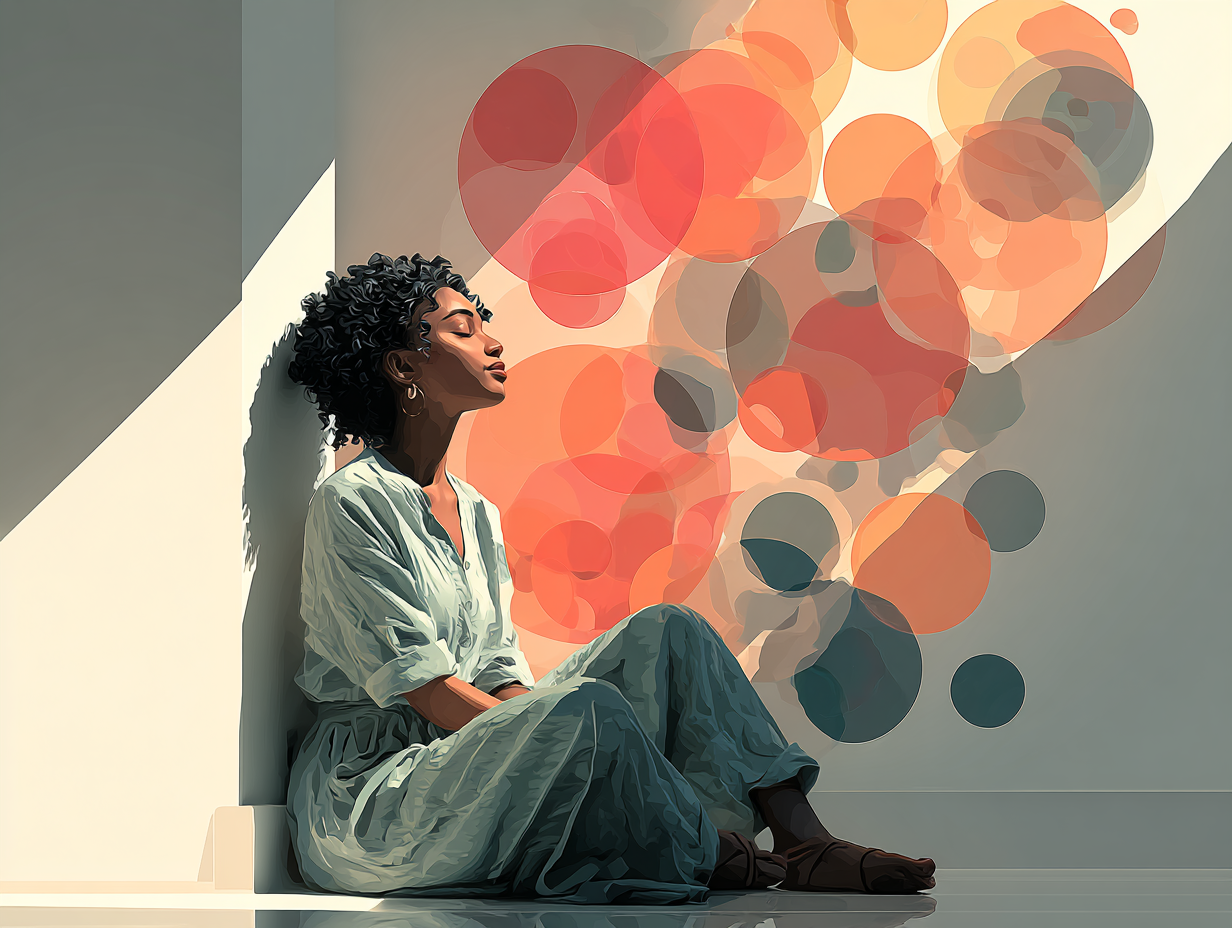 Ilustração emocional de uma mulher negra introspectiva, se perguntando porque tenho candidíase todo mês.