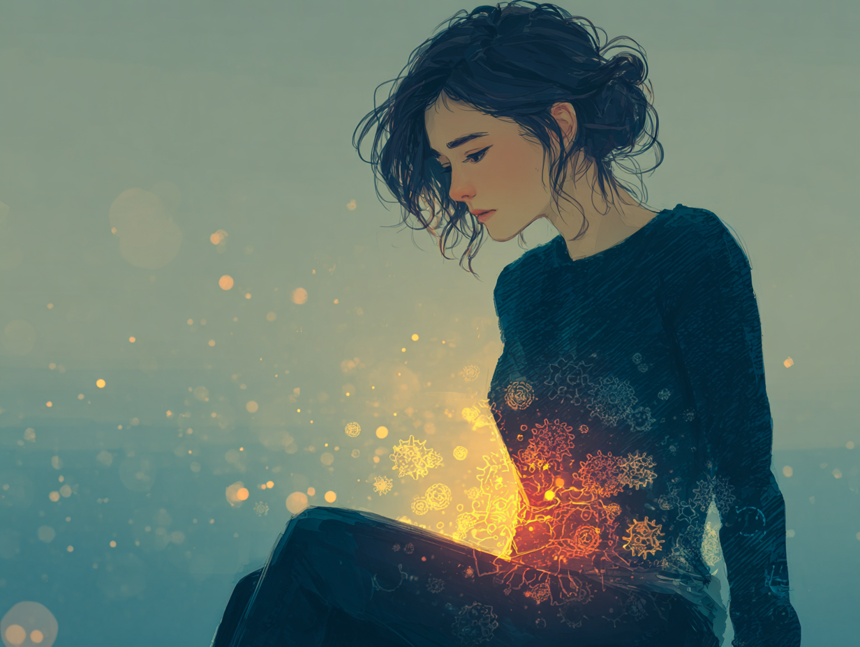 Ilustração emocional de mulher morena sentada com expressão de frustração, em ambiente neutro, representando o ciclo da candidíase todo mês.