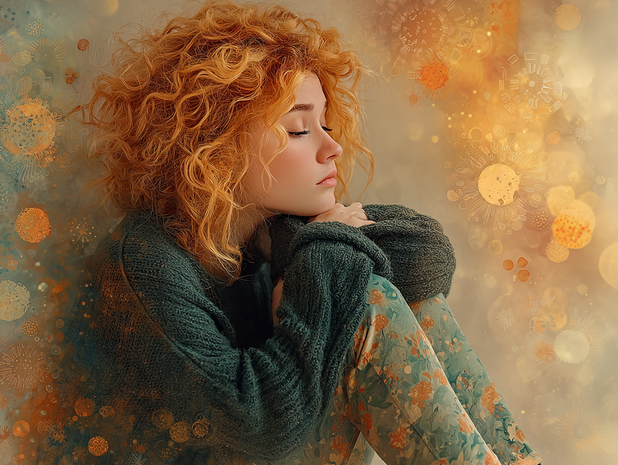 Ilustração de uma mulher ruiva sentada com expressão emocional, representando a frustração de conviver com o dilema de minha candidíase não passa.