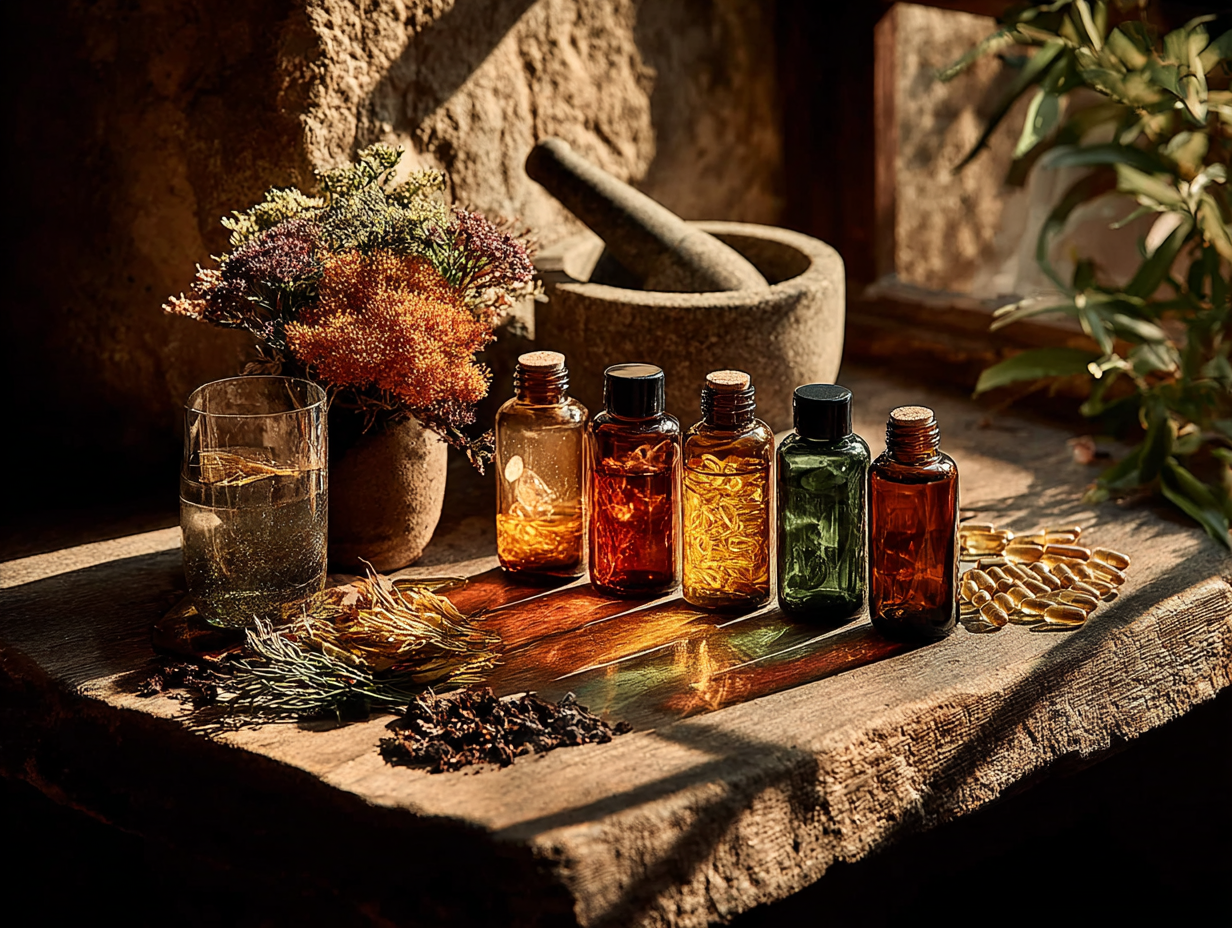 Suplementos, tinturas e fórmulas naturais organizadas sobre a mesa, representando o início do processo de como desparasitar o organismo com segurança.