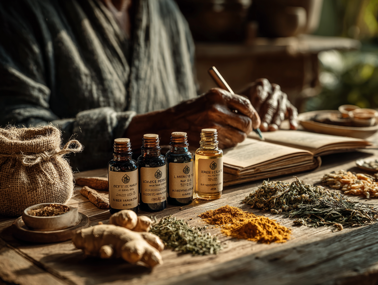 Mulher negra manipulando tinturas naturais em uma mesa, representando como funciona a desparasitação natural