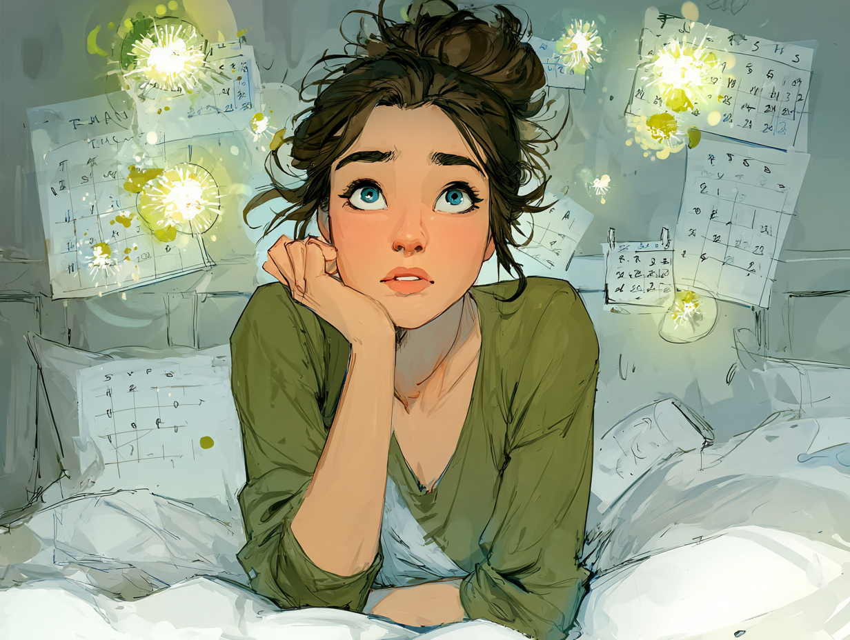 Ilustração emocional de uma mulher brunete refletindo sobre como saber se estou com verme, em postura introspectiva.