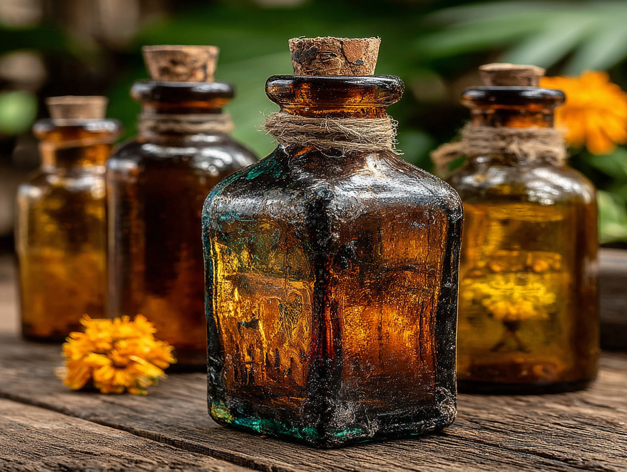 Frascos de tintura usados na desparasitação com tinturas, dispostos em uma mesa de madeira, representando o início do protocolo natural.
