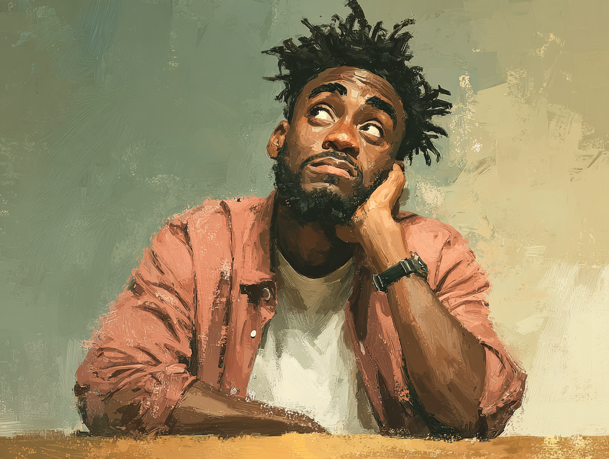 Ilustração emocional de um homem negro pensativo, representando a dúvida comum sobre se a desparasitação funciona.