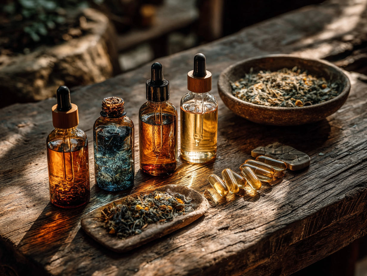 Foto clean com mesa contendo tinturas naturais e suplementos usados na desparasitação humana natural.