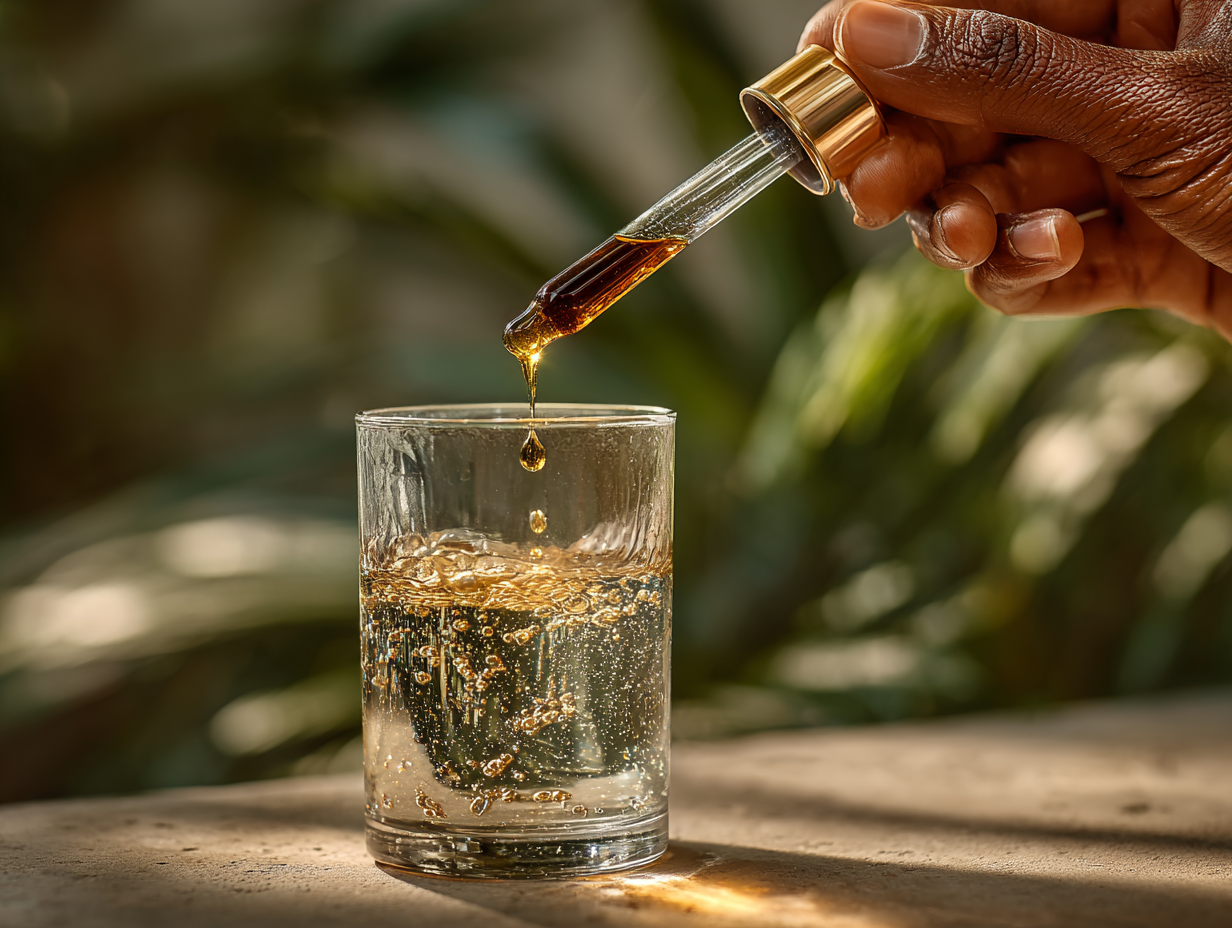 Mulher asiática manipulando uma tintura com contagotas, ilustrando o início da desparasitação com tinturas como fazer.