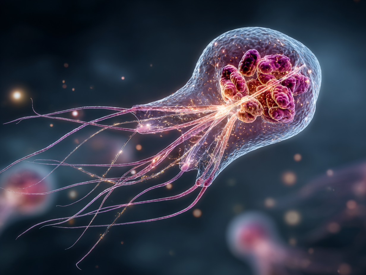 Ilustração semi-realista simbolizando a presença da Giardia lamblia no intestino, representando os giardíase sintomas de forma simbólica e científica.