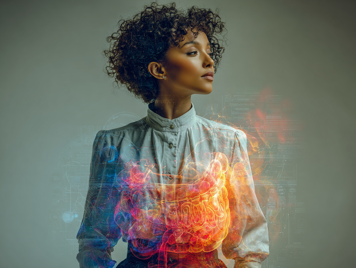 Ilustração de mulher negra pensativa com destaque simbólico para o intestino, representando dúvida sobre como saber se tenho candidíase intestinal.