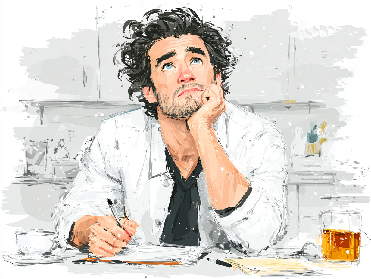 Homem de pele clara e cabelo preto sentado de forma introspectiva, representando dúvida sobre o que é desparasitação.