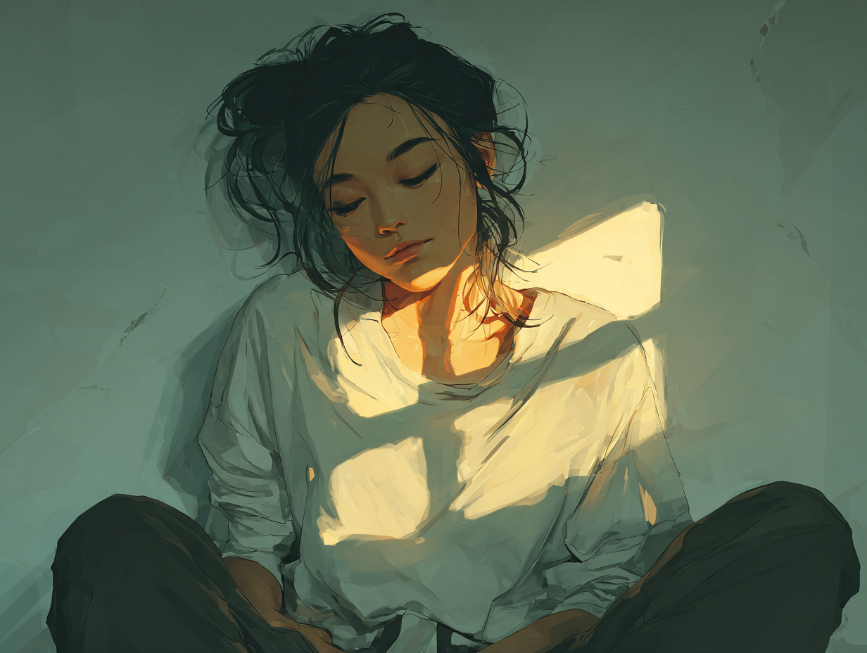 Ilustração emocional de mulher asiática visivelmente exausta em ambiente neutro, representando os efeitos silenciosos de parasitas e cansaço excessivo.