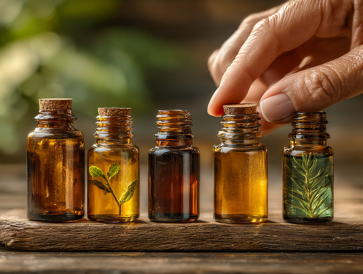 Mão feminina segurando frascos de tinturas naturais, representando o início do protocolo de desparasitação natural.
