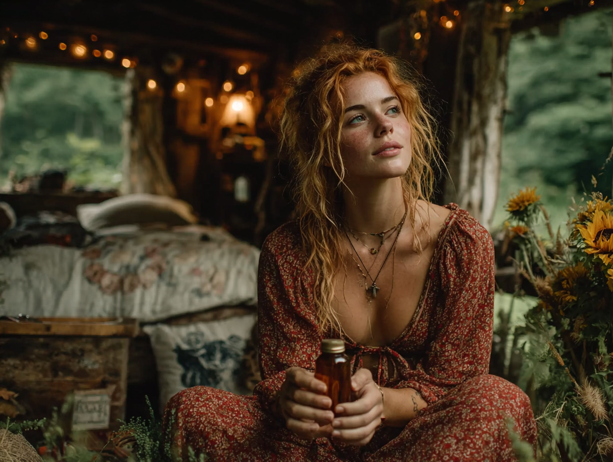 Mulher ruiva analisando o rótulo de uma tintura antiparasitária, representando o início do protocolo hulda clark como tomar com consciência e segurança.