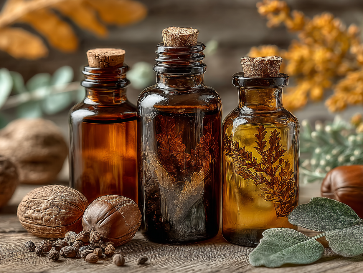 Composição visual profissional com três frascos de tinturas representando o protocolo Hulda Clark, incluindo nogueira, cravinho e absinto.