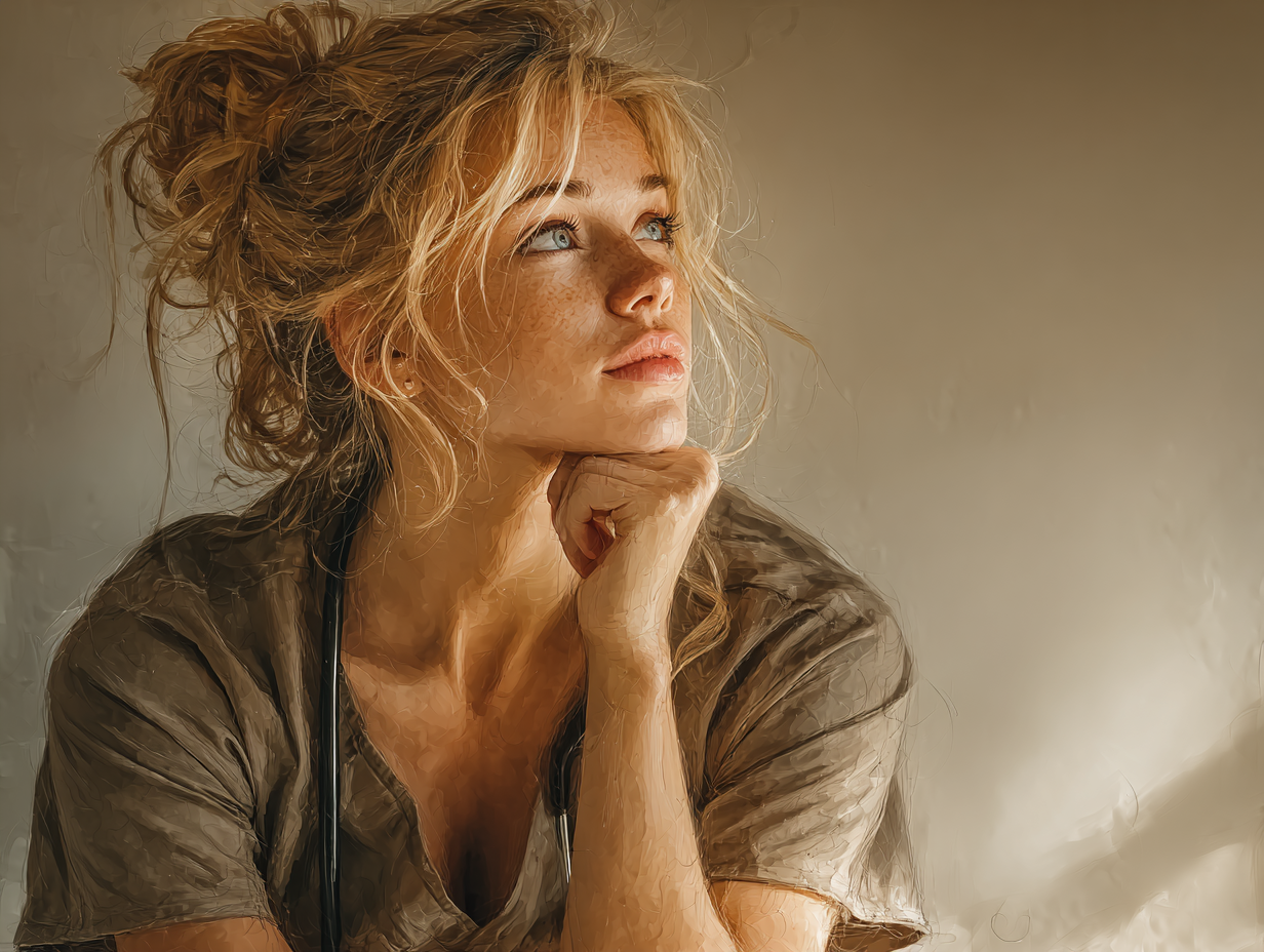 Ilustração emocional de uma mulher loira pensativa, representando dúvida sobre quem deve fazer desparasitação natural