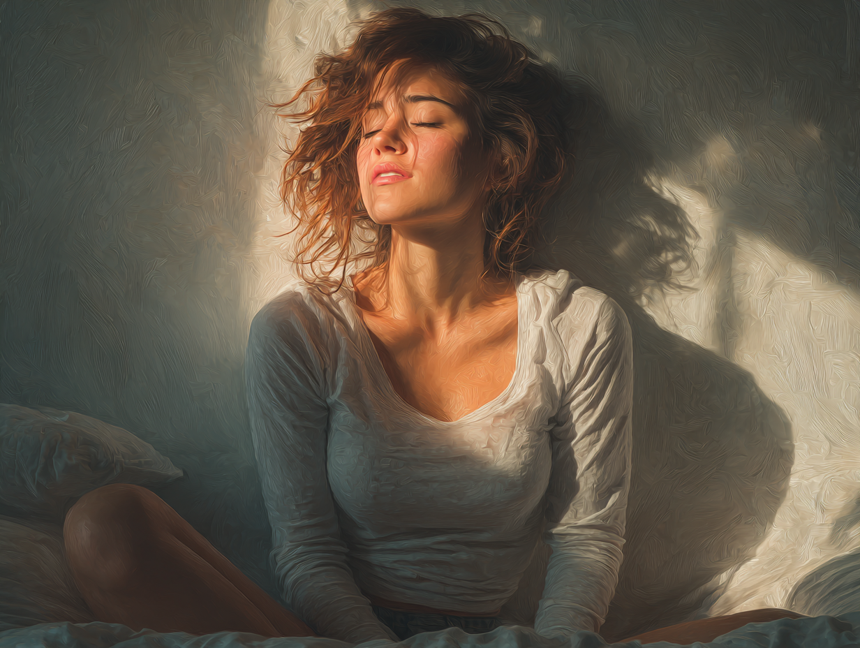 Ilustração emocional de mulher brunette sentada, representando o impacto do SIFO intestino e o ciclo oculto da candidíase