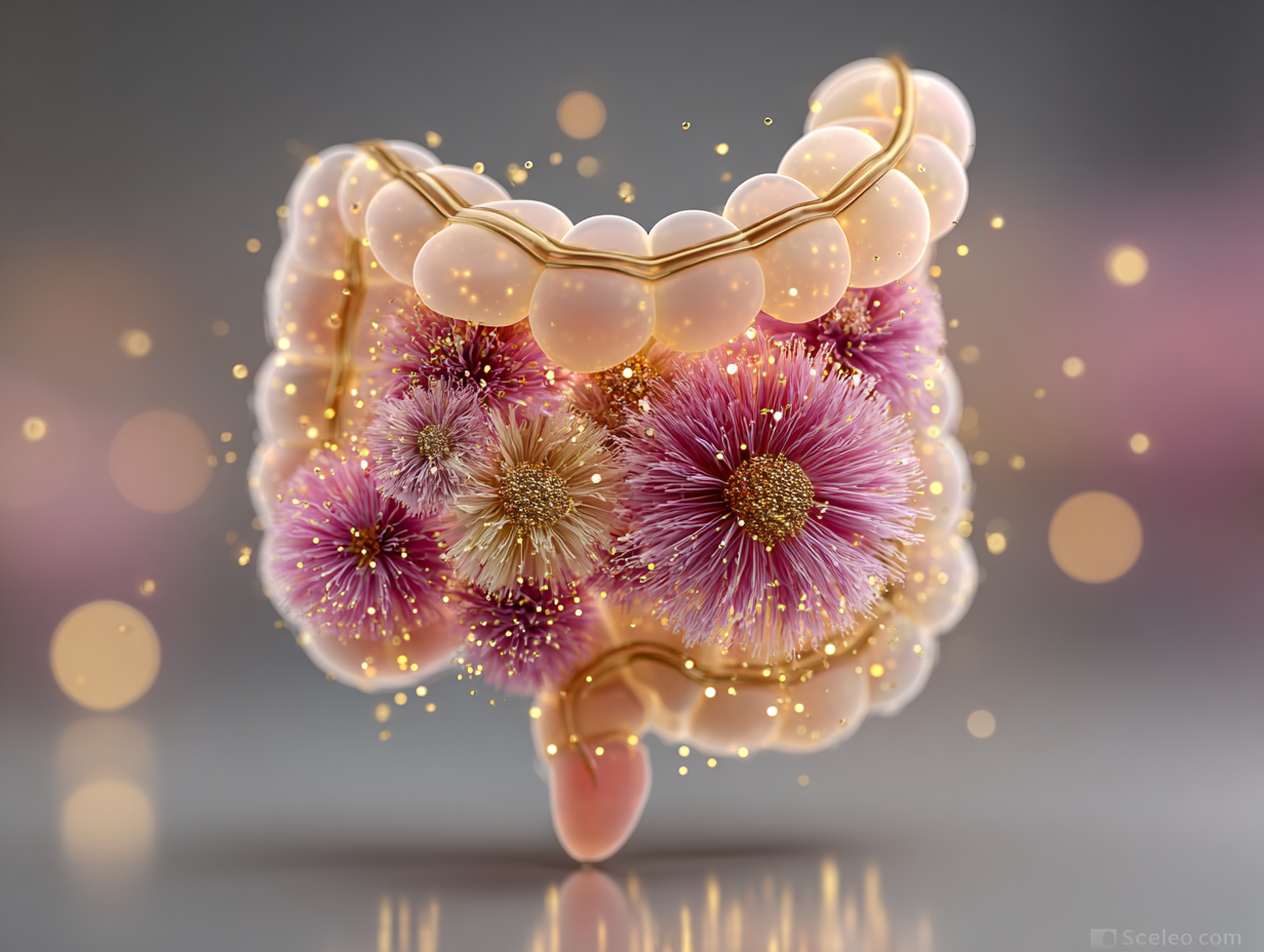 Ilustração anatômica do intestino delgado com destaque para crescimento fúngico, representando visualmente a SIFO
