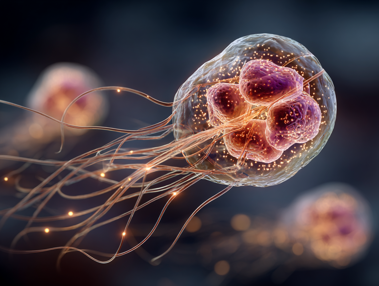 Ilustração de uma giardia, simbolizando o possível impacto que poderia causar pelos sintomas de giardia em humanos.