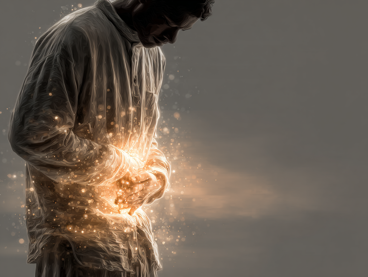 Ilustração emocional de um homem negro sentado em posição introspectiva, representando os sintomas de teníase de forma simbólica e respeitosa.