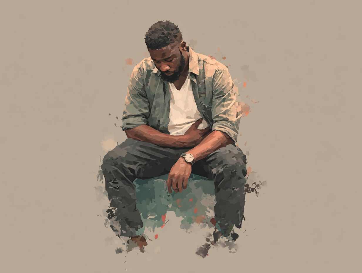 Homem negro com expressão de dor leve, com a mão na barriga, ilustrando os sintomas de verme intestinal de forma simbólica e respeitosa.