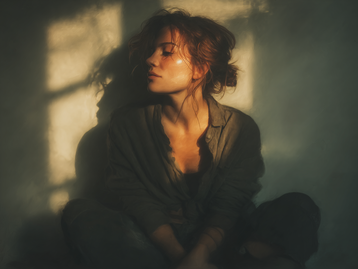 Ilustração emocional de mulher introspectiva representando sintomas de parasitas no corpo.