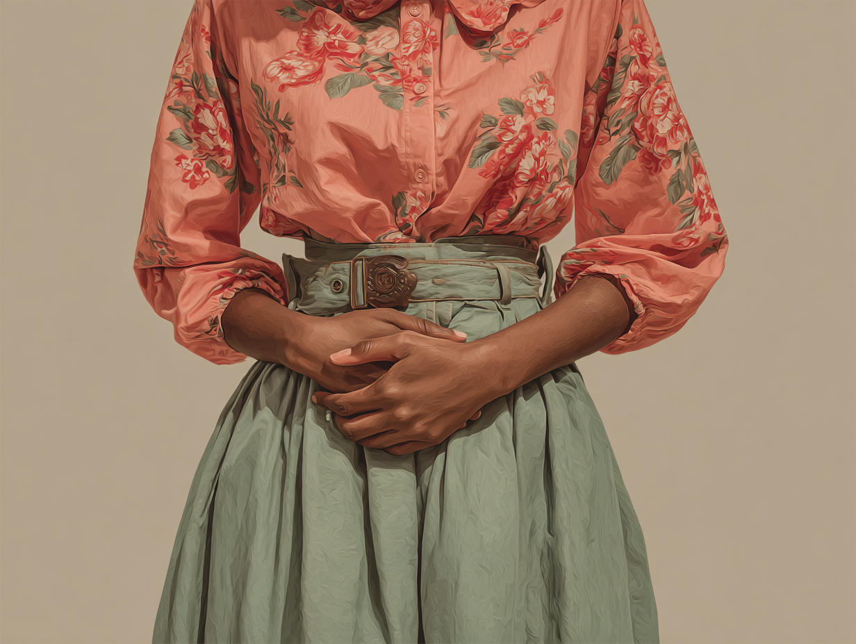 Ilustração emocional de uma mulher negra introspectiva, representando os primeiros sinais de infecção por tênias. A imagem simboliza tênia sintomas