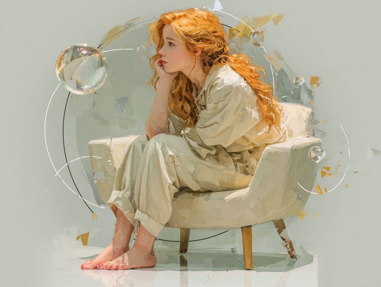 Ilustração emocional de mulher ruiva sentada introspectiva, representando o ciclo de ter candidíase todo mês.