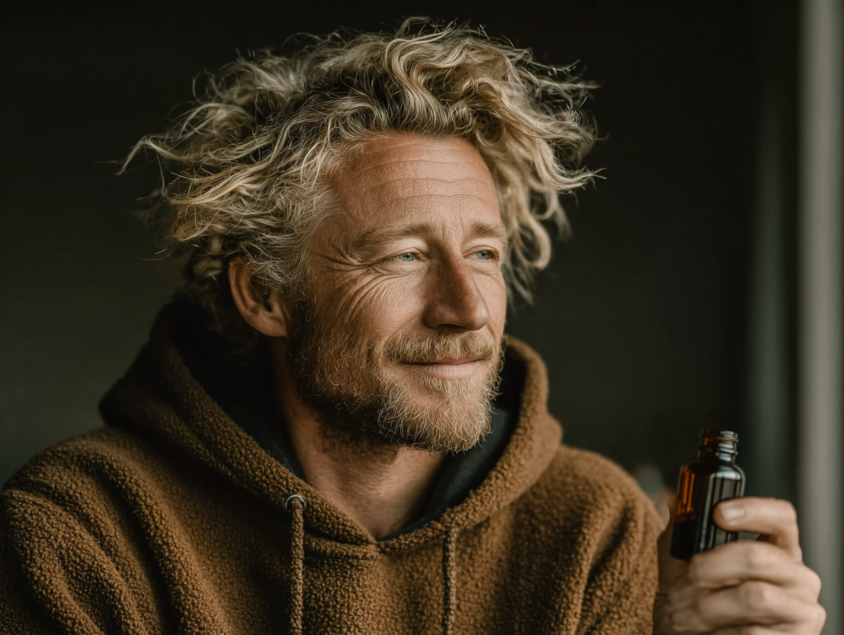 Homem loiro manipulando frasco de tintura de absinto, representando o uso tradicional da tintura de absinto para que serve em protocolos naturais
