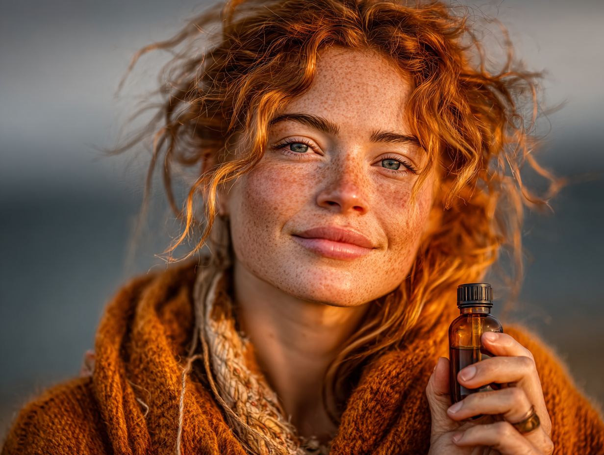 Mulher ruiva segurando um frasco de tintura de cravinho, representando o uso funcional da tintura de cravinho para que serve
