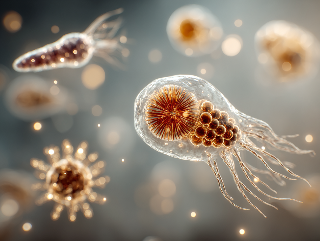 Representação simbólica dos principais tipos de vermes intestinais em forma microscópica, com estética leve e não ofensiva.