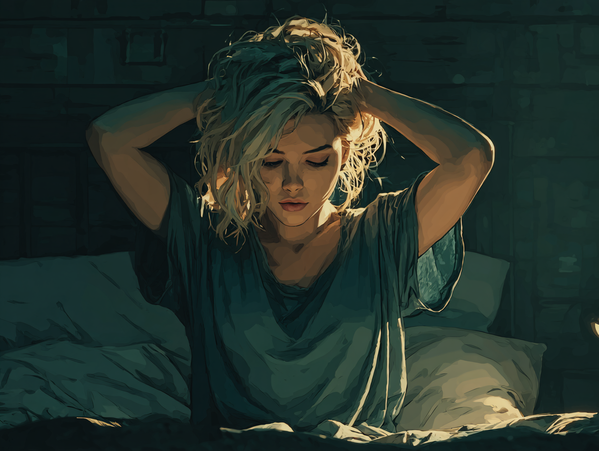 Ilustração emocional de mulher loira com expressão cansada e introspectiva, simbolizando como verme causa insônia e desequilíbrio interno.