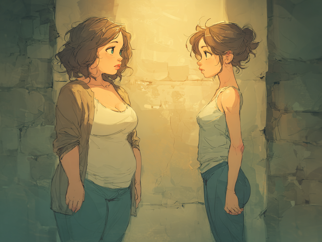 Ilustração simbólica da mesma mulher em duas versões — magra e acima do peso — se encarando, representando a dúvida se verme engorda ou emagrece.