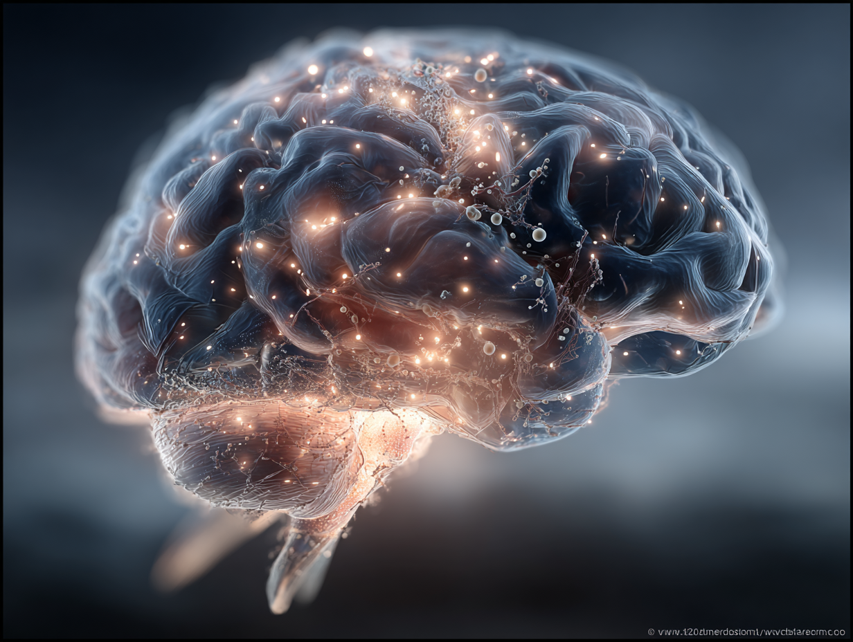 Ilustração simbólica do cérebro humano com pontos de luz representando a infecção por verme no cérebro.