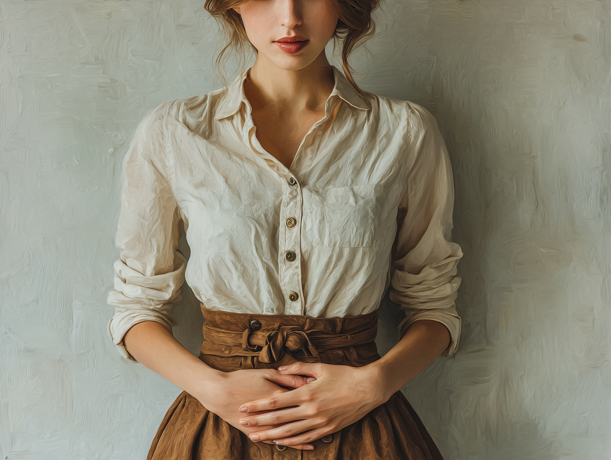 Ilustração emocional de mulher oriental introspectiva, representando os sintomas de verme no intestino de forma simbólica e ética.