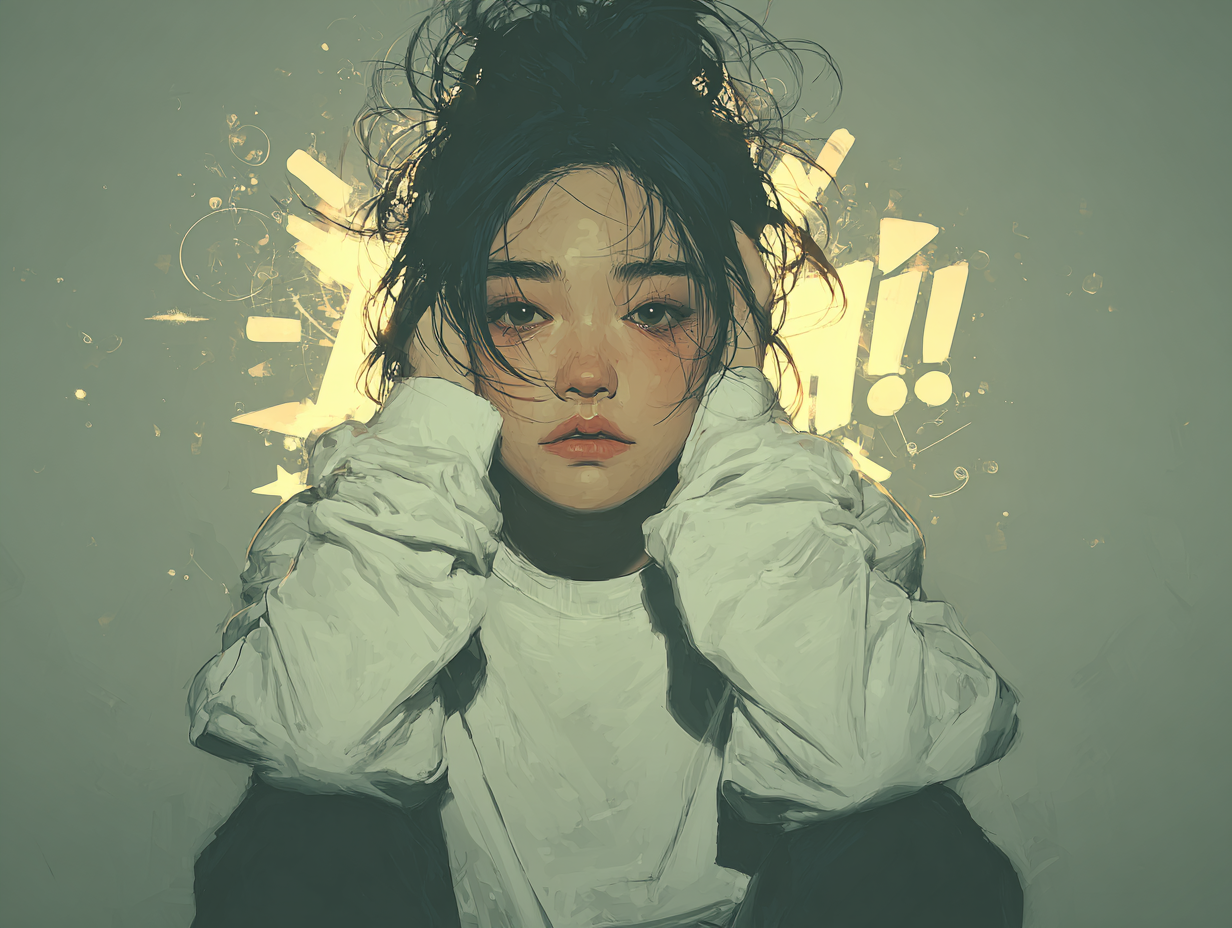 Ilustração emocional de uma mulher asiática claramente ansiosa, com símbolos de confusão ao redor da cabeça, representando a relação entre vermes e ansiedade.