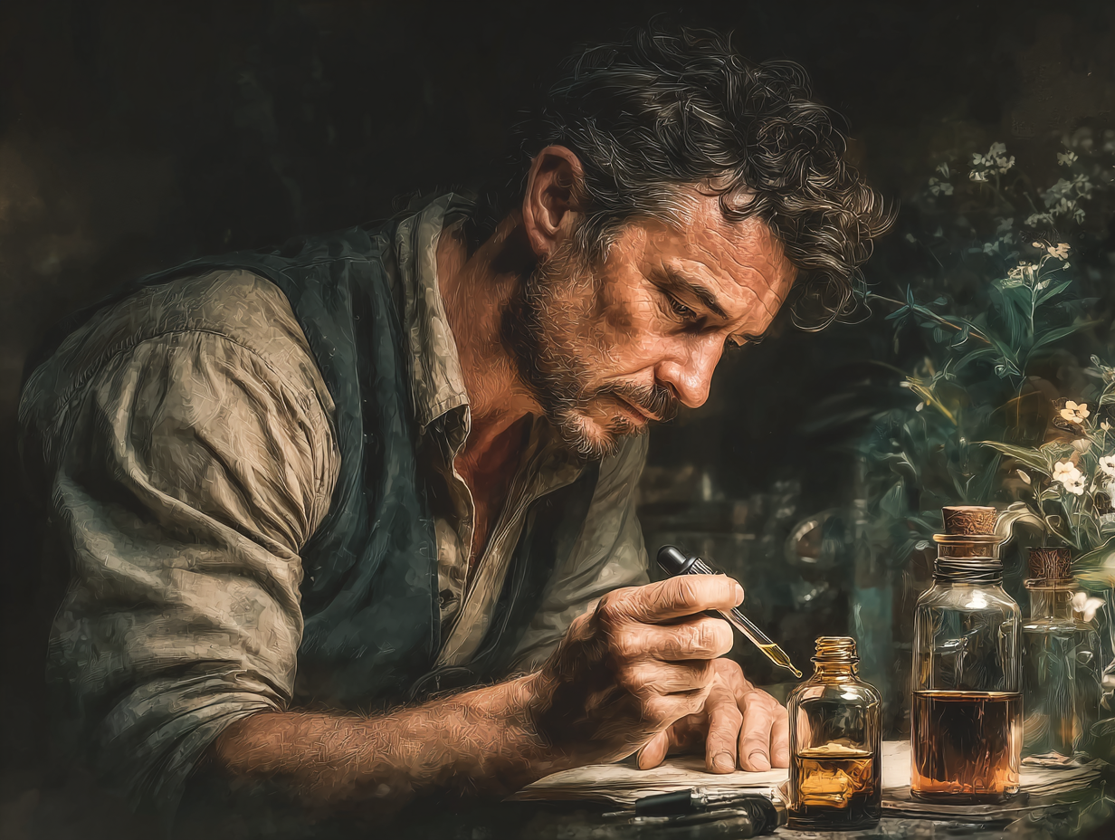 Homem moreno segurando um frasco de tintura com conta-gotas, representando o uso consciente sobre a dúvida tintura de nogueira absinto e cravinho como tomar com segurança.