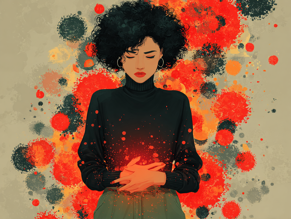 Ilustração flat de mulher negra com dor abdominal e fungos ao redor, simbolizando a candidíase no intestino.