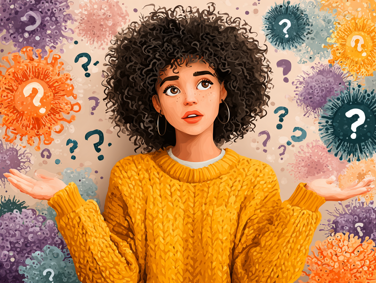 Ilustração flat de mulher negra com expressão de dúvida, interrogações e fungos ao redor, refletindo insegurança sobre a candidíase como melhorar.