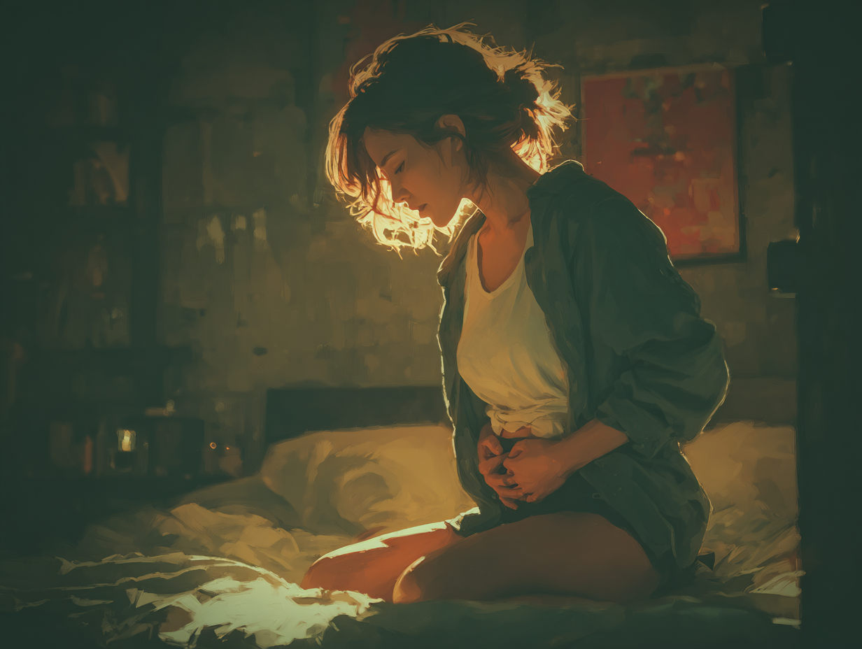 Ilustração semi-realista de uma mulher sentada com expressão de frustração, representando sintomas persistentes de candidíase e frustrada porque a candidíase não passa.