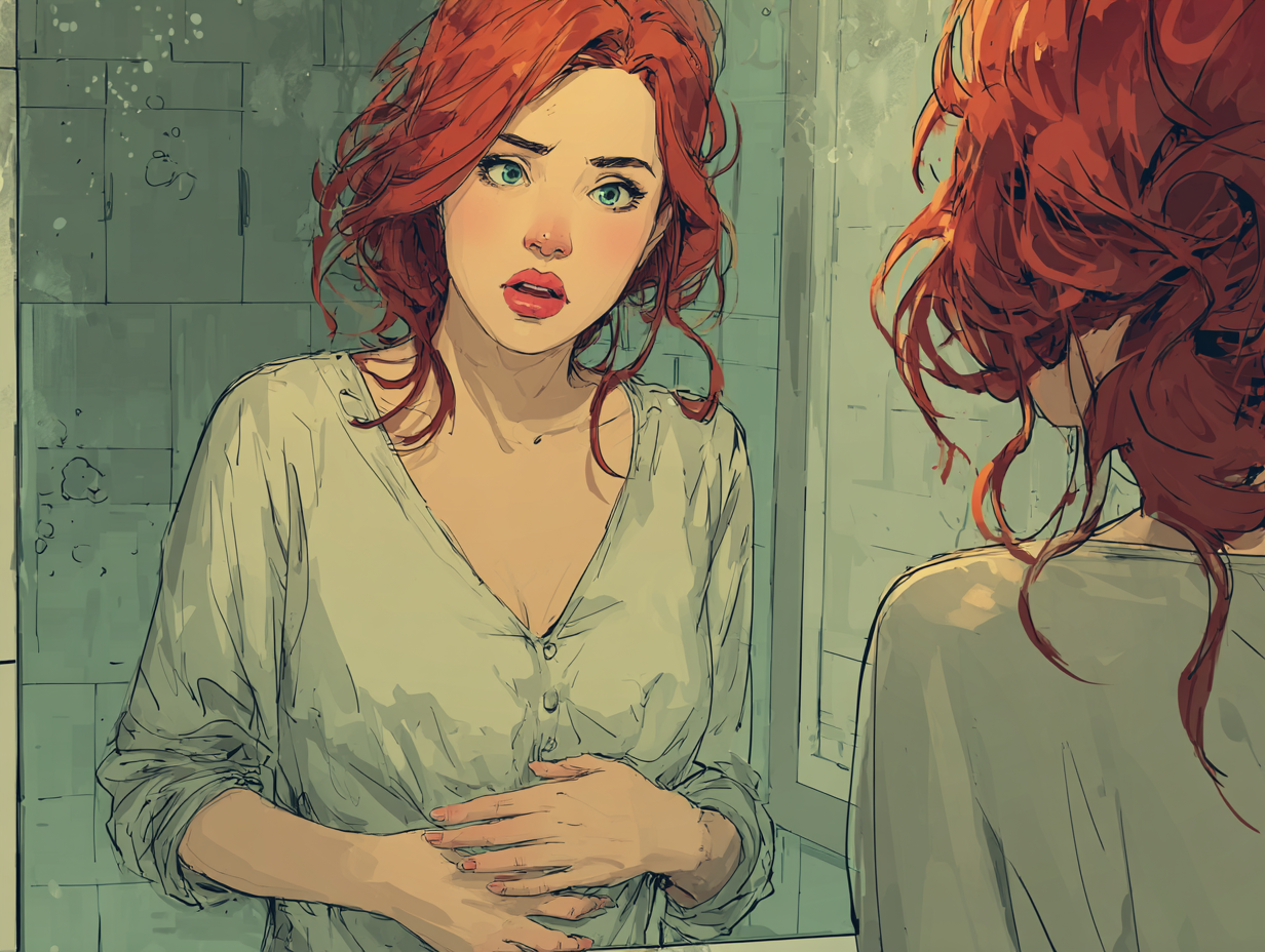 Mulher ruiva com barriga levemente aumentada tocando o abdômen com dúvida, refletindo se desparasitação emagrece.