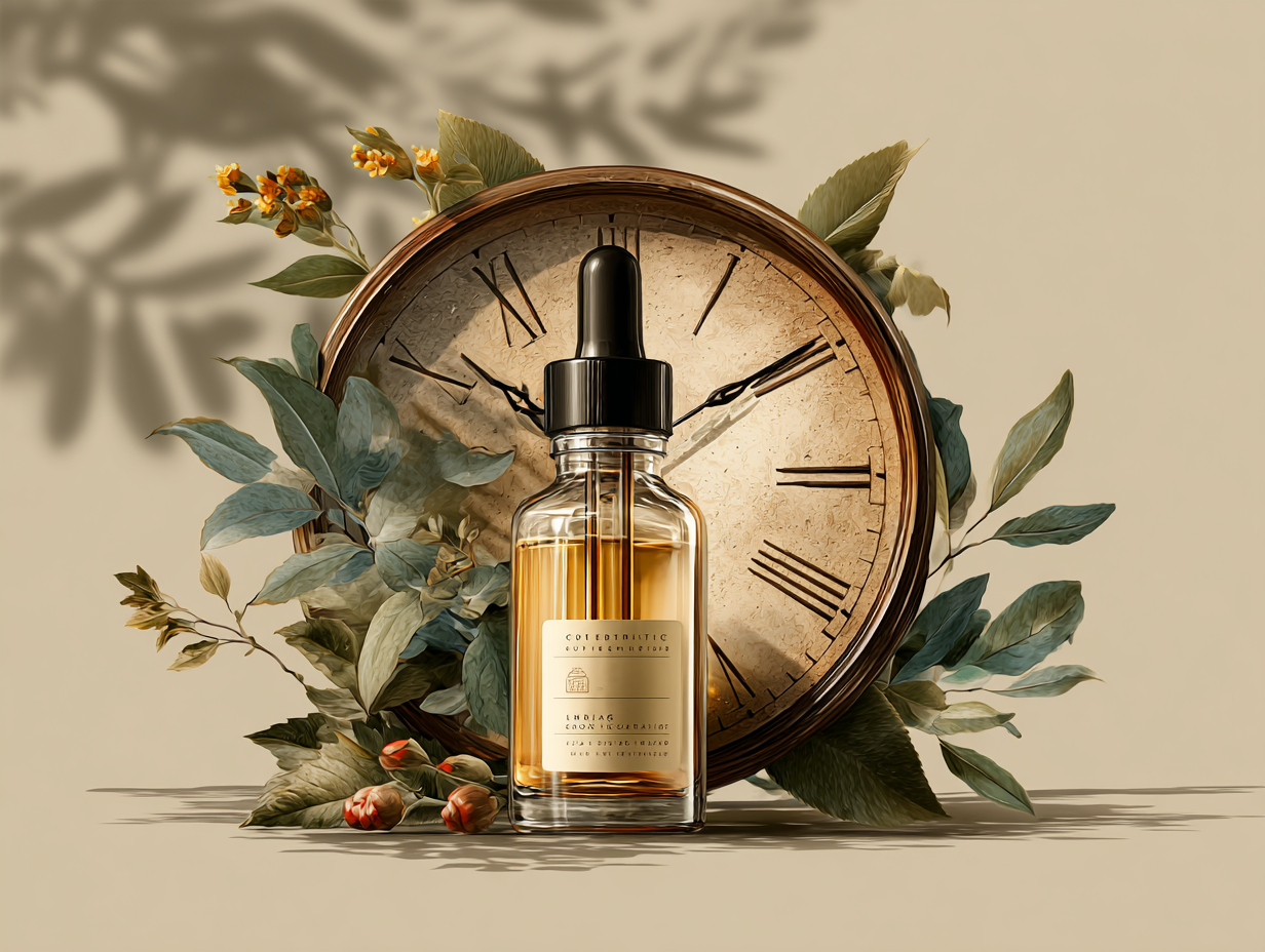 Ilustração simbólica com frasco de tintura e fundo de relógio representando visualmente quanto tempo dura o protocolo de desparasitação em abordagens naturais.