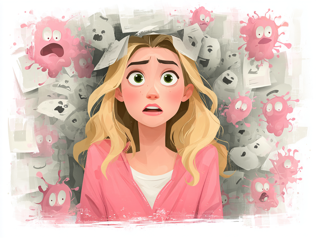 Ilustração flat de mulher loira assustada sendo cercada por fantasminhas engraçadinhos em formato de fungo, simbolizando o que fazer para candidíase não voltar