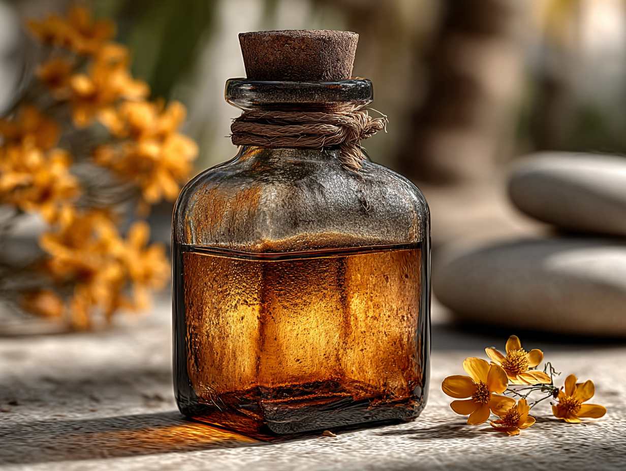Frasco de tintura de nogueira sem rótulo, em fundo neutro e limpo, representando uso natural e seguro.