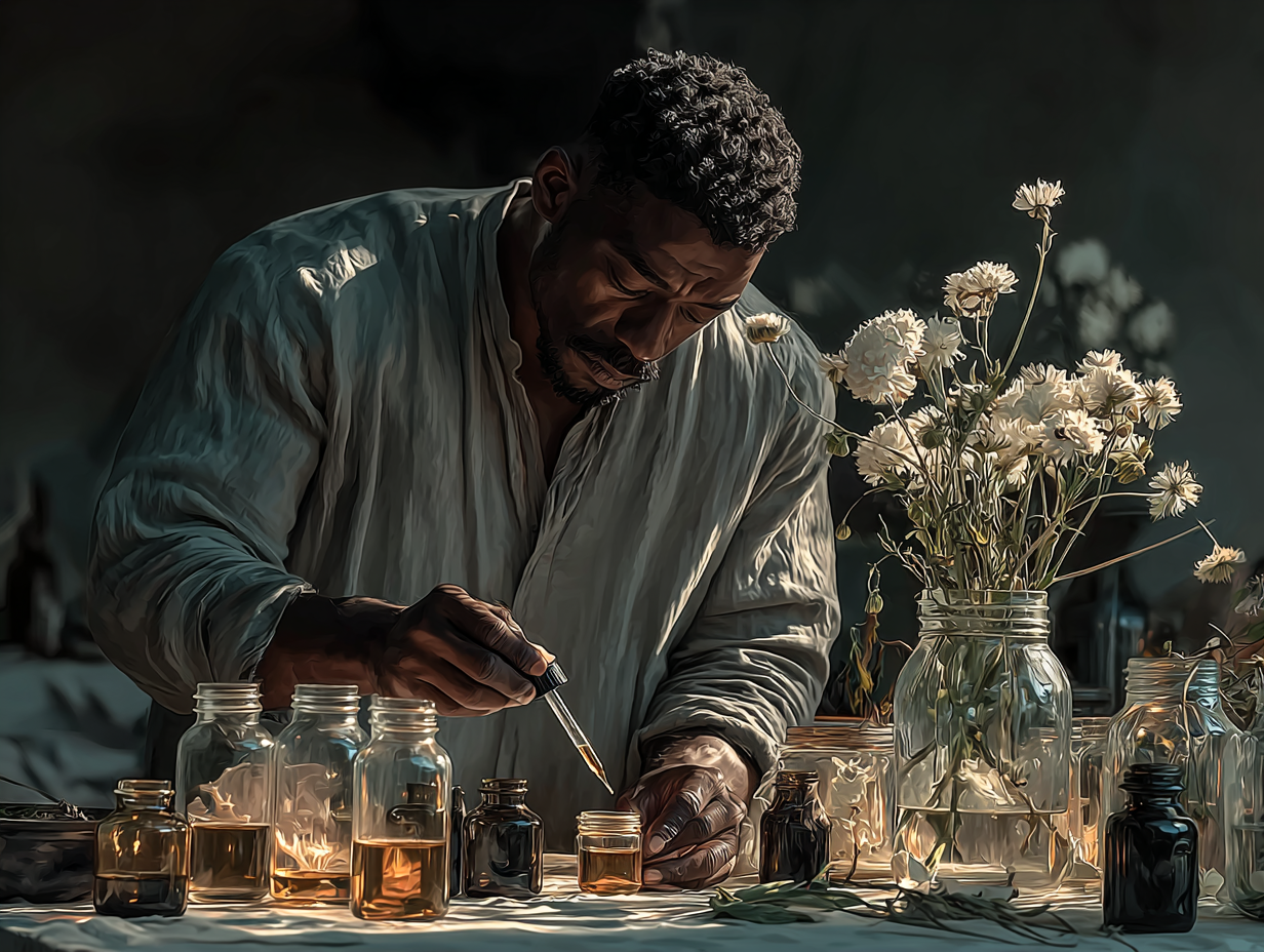 Homem negro manipulando tinturas naturais com expressão concentrada, representando o início de uma desparasitação humana protocolo com segurança.