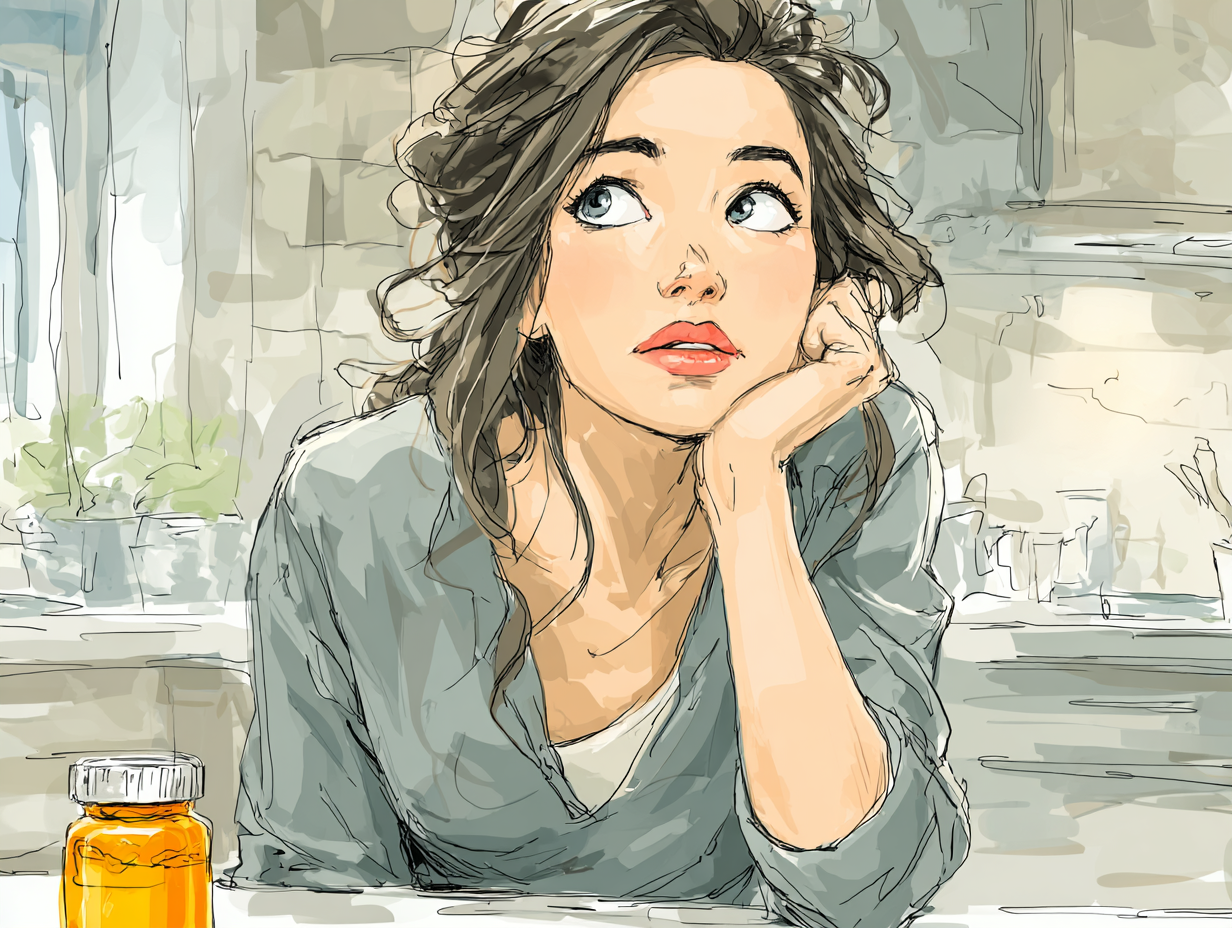 Mulher morena pensativa segurando suplemento, representando a dúvida comum sobre se preciso fazer desparasitação se nunca tive sintomas