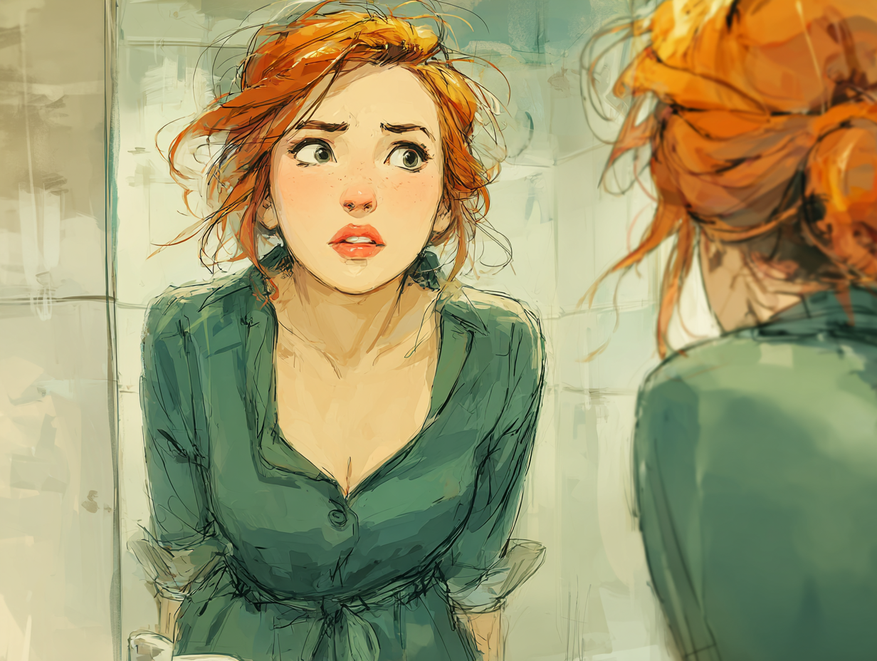 Ilustração de mulher ruiva com expressão pensativa diante do espelho, simbolizando dúvidas sobre o que vermes podem causar no ser humano.