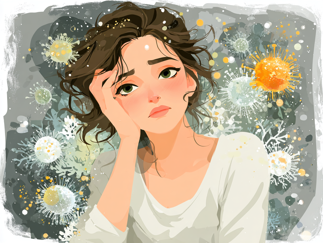 Mulher branca frustrada com candidíase recorrente, cercada por fungos simbólicos