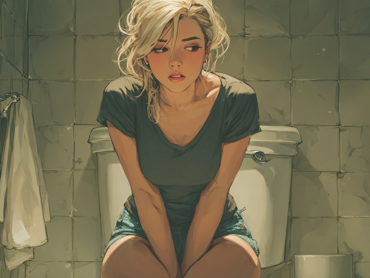 Ilustração emocional de uma mulher loira sentada com expressão de frustração, simbolizando a dúvida se verme pode prender o intestino