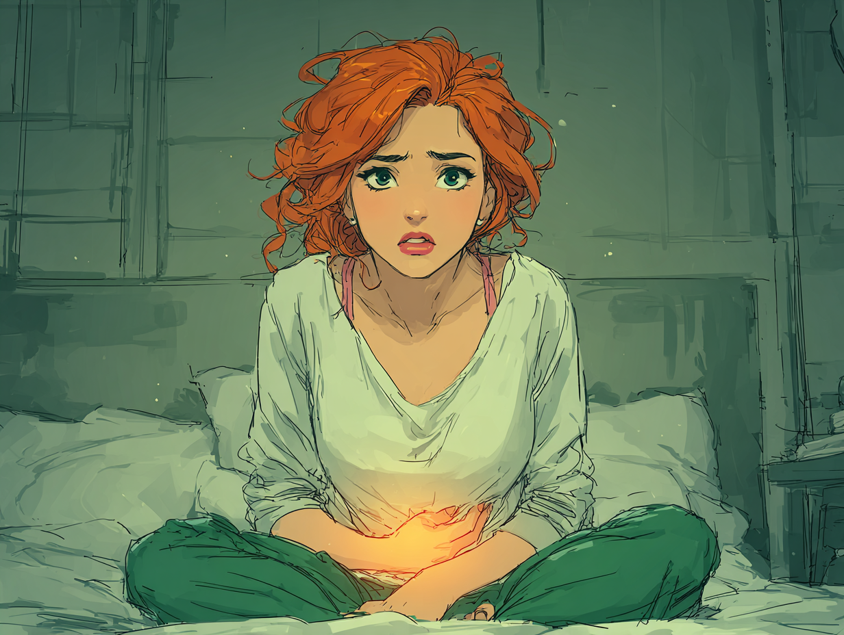 Mulher ruiva preocupada olhando para a barriga, representando dúvida sobre como saber se estou com verme na barriga.