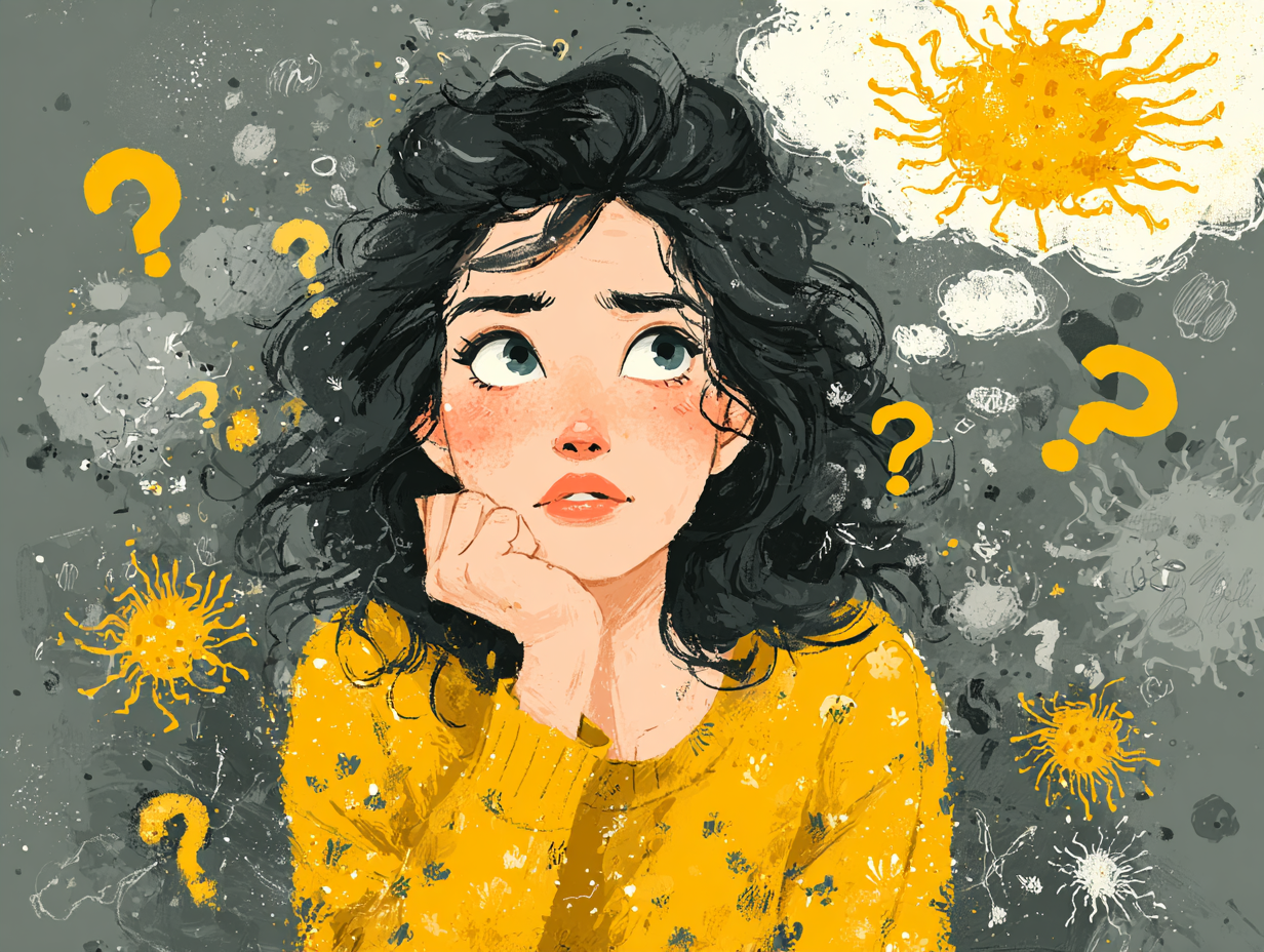 Ilustração flat lateral de mulher pensativa com interrogações ao redor da cabeça e um balão de pensamento com um fungo no centro, representando dúvidas sobre se a candidíase sai sozinha